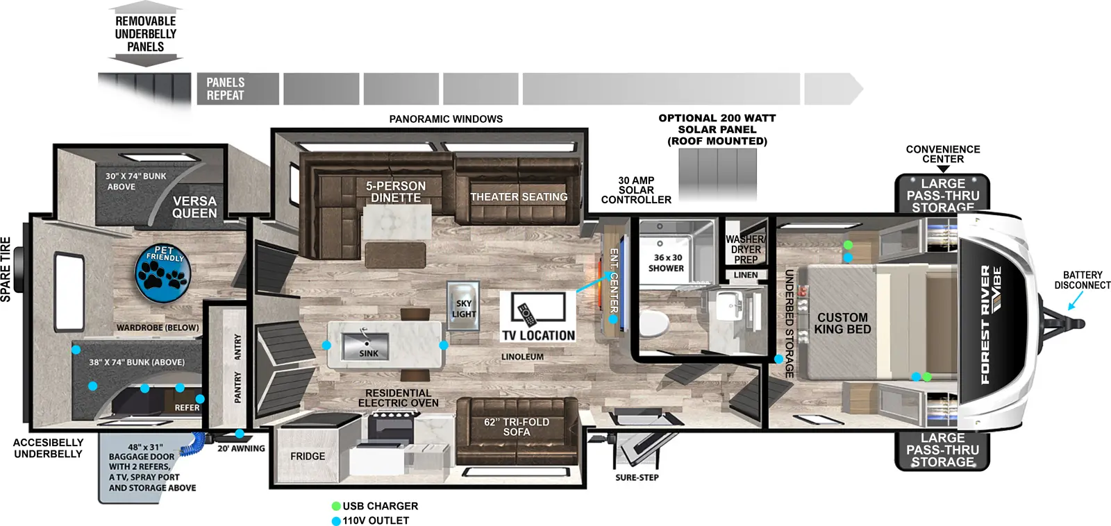 The Vibe 3400BH floorplan has one entry and three slide outs. Exterior features include: fiberglass exterior, 20' awning and outside kitchen. Interiors features include: bunk beds, kitchen island and front bedroom.